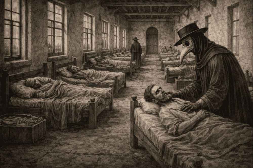 Ilustração histórica representando um médico da peste atendendo pacientes.